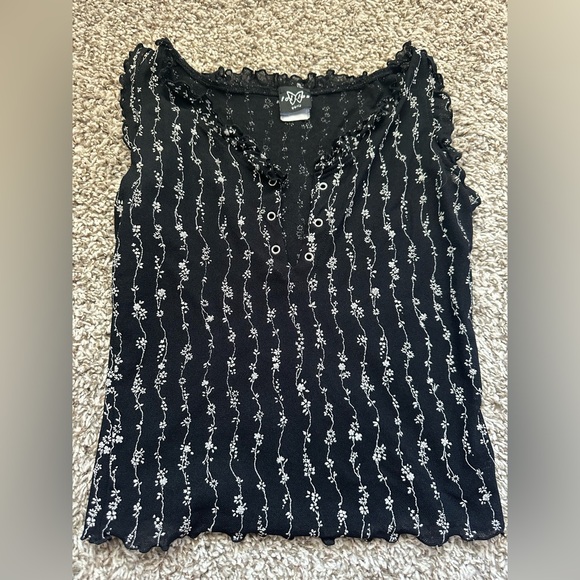 Follies Tops - Y2K Black and White Floral Crop Top